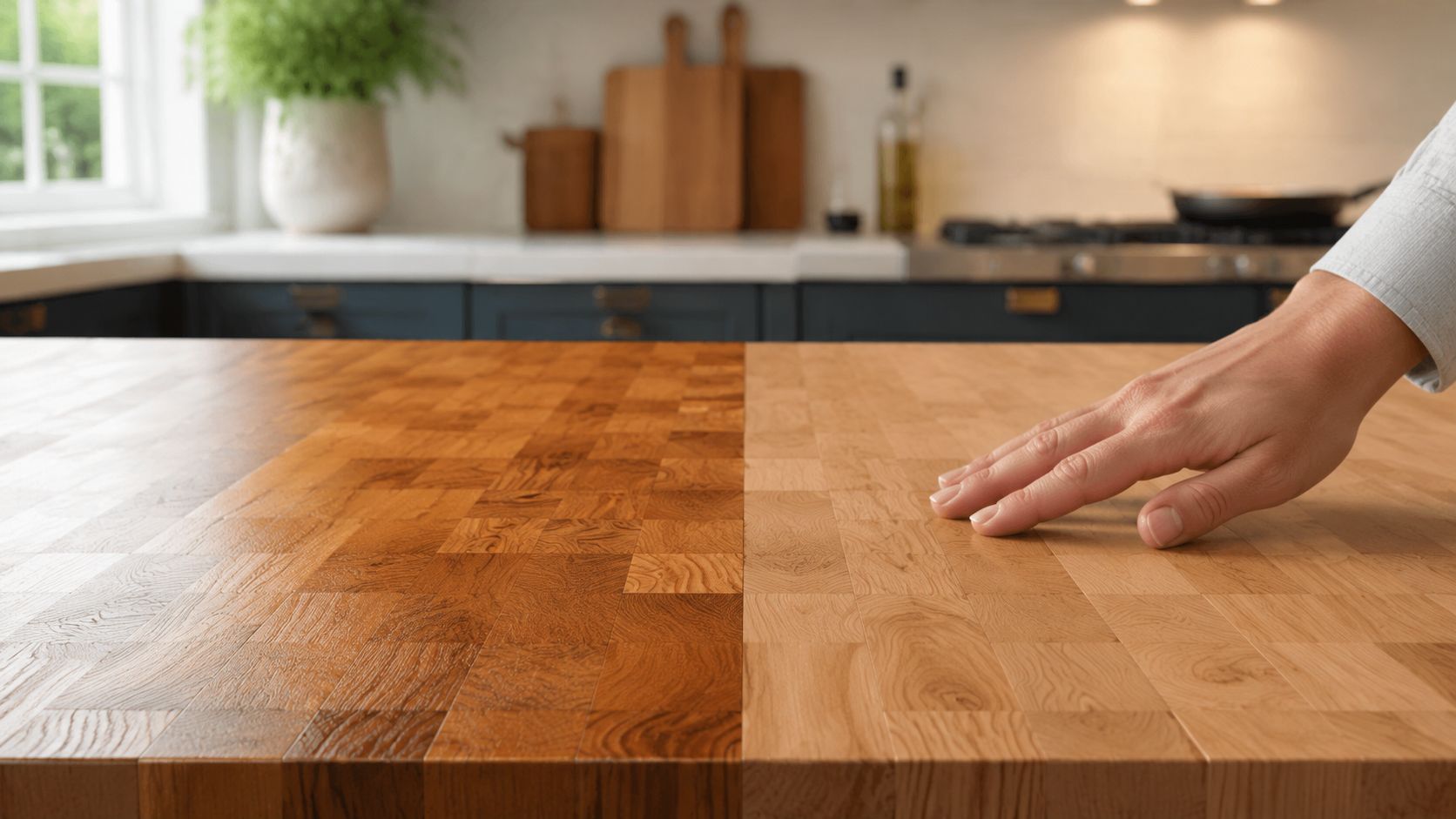 A hand rests on a butcher block countertop showing a side-by-side comparison of oiled and untreated wood.