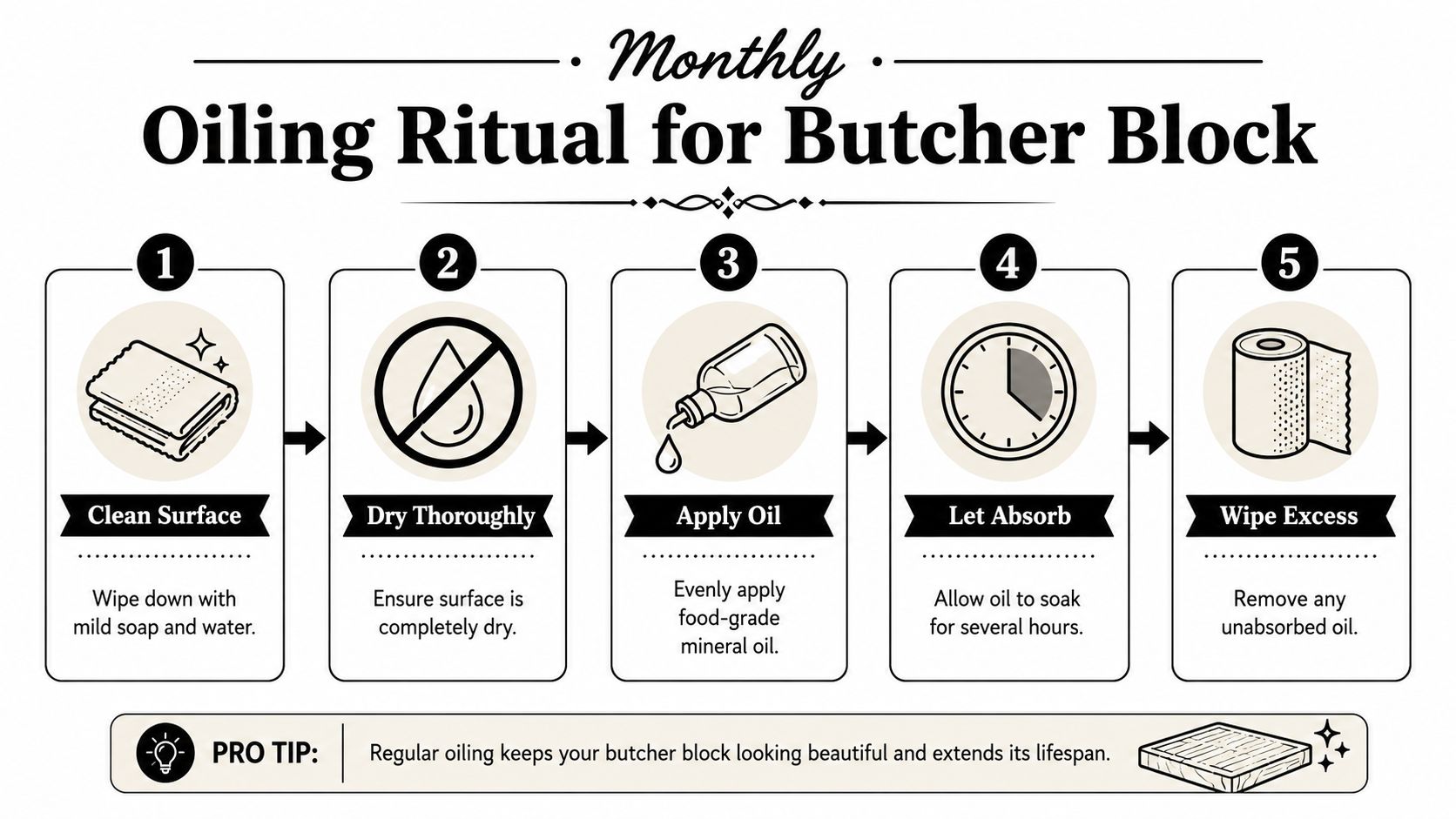 An infographic showing a five-step monthly maintenance ritual for cleaning and oiling a wooden butcher block surface.