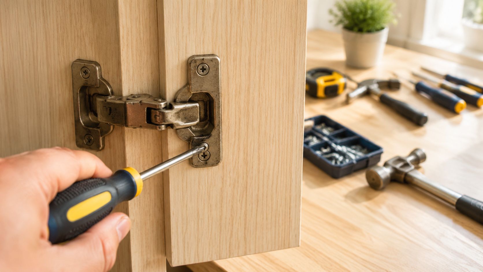A person uses a screwdriver to install or adjust a metal cabinet hinge on a wooden door.