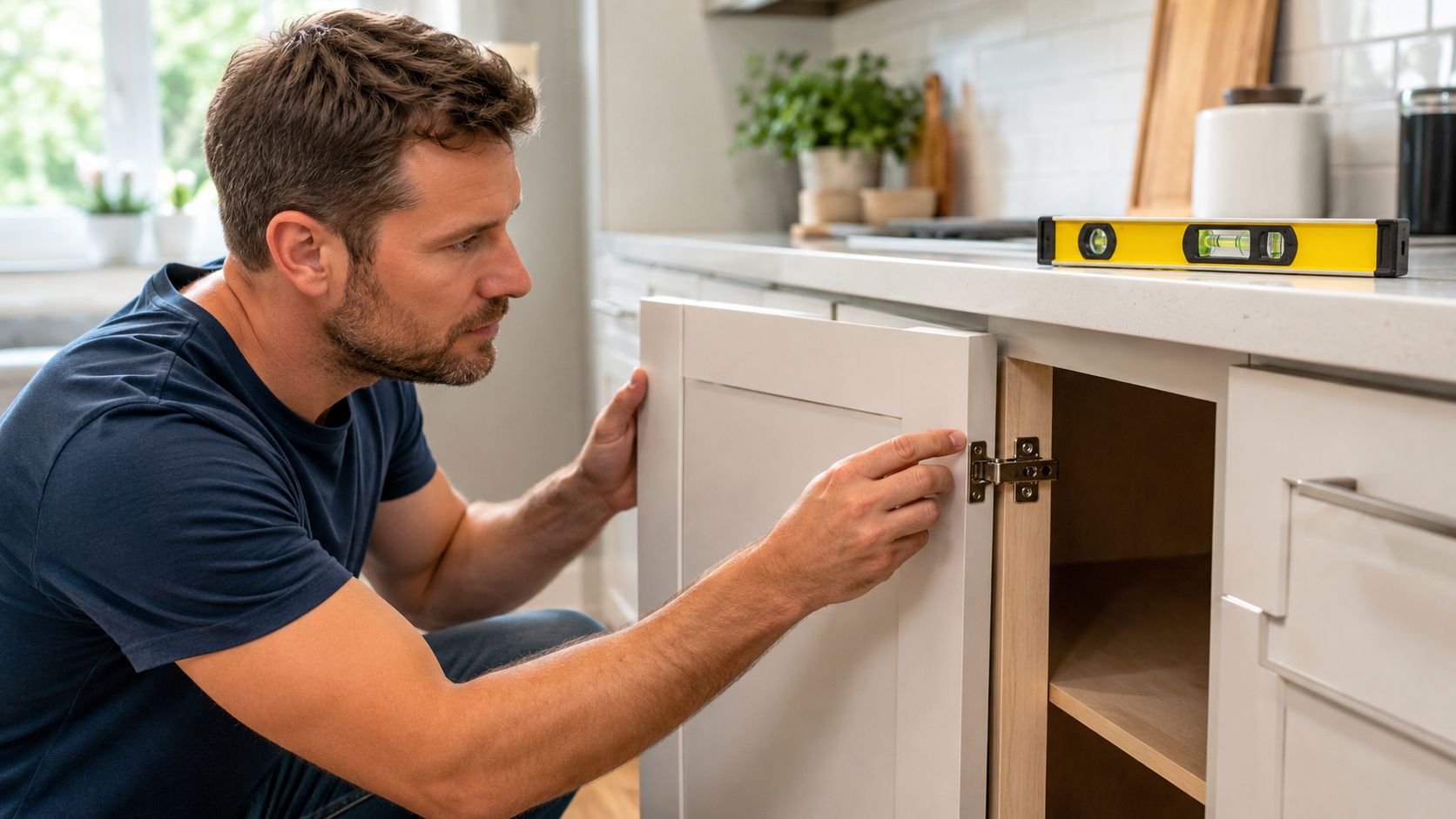 A professional handyman installing a cabinet door and checking alignment with a spirit level in a kitchen.