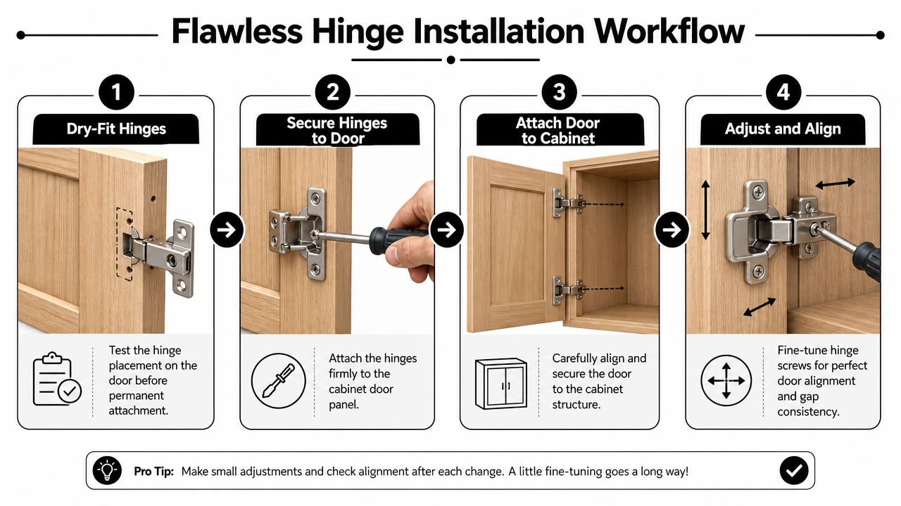 A four-step infographic showing the proper workflow for installing and adjusting cabinet door hinges.