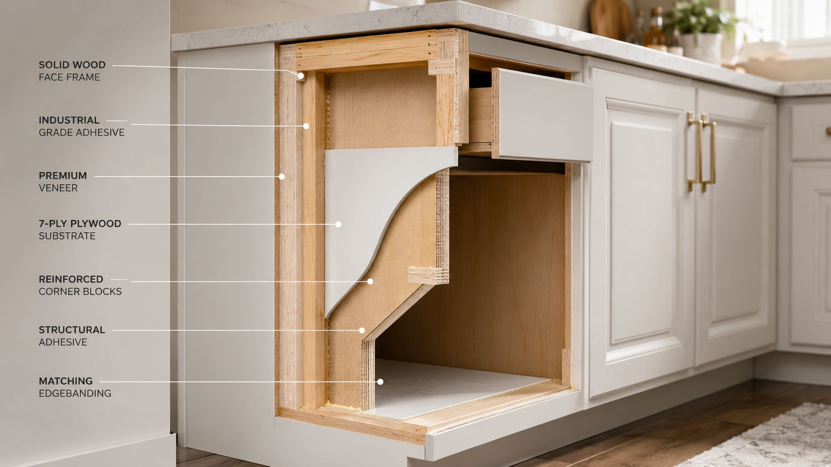 A cutaway view showing the layered construction materials of a high-quality wooden kitchen cabinet structure.