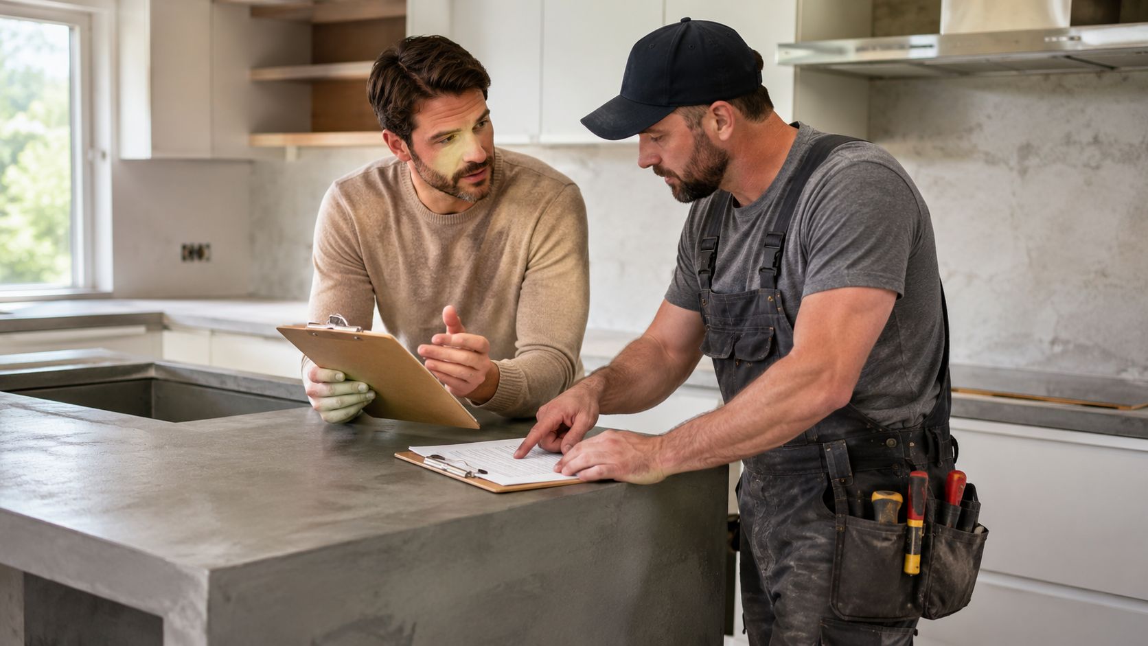 A professional contractor and a homeowner reviewing construction plans on a concrete kitchen countertop installation.