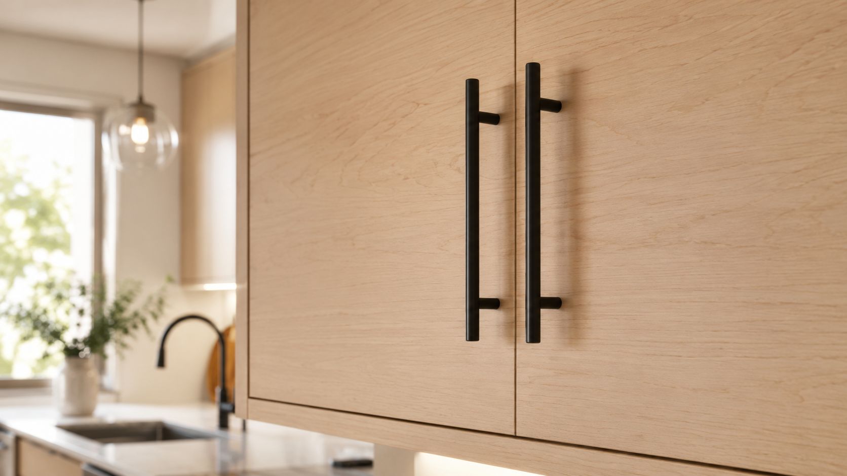 A close-up view of modern, light maple kitchen cabinets with minimalist black metal handles.