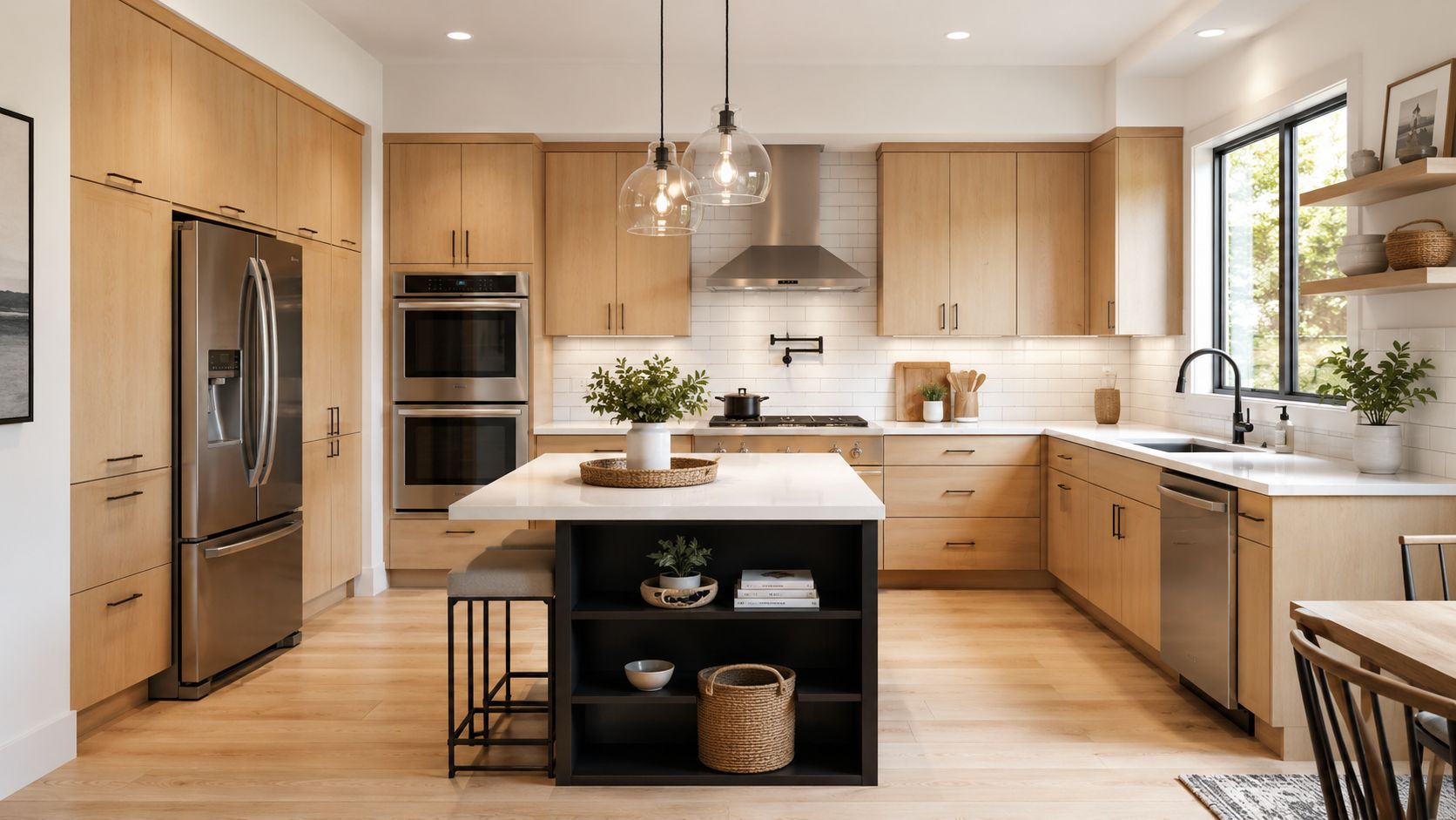 A bright, modern kitchen featuring light maple wood cabinets, white countertops, and a contrasting black central island.