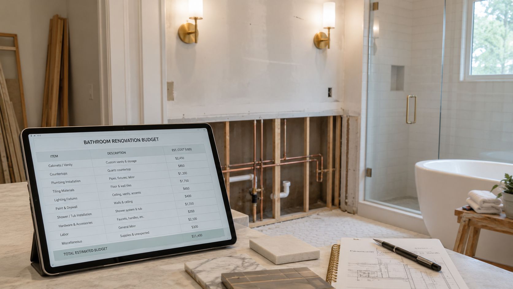 A digital tablet displaying a bathroom renovation budget table on a counter during a remodeling project.