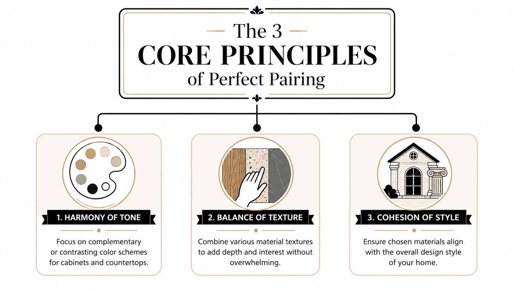 An infographic detailing the three core principles of perfect pairing for cabinet and countertop interior design combinations.