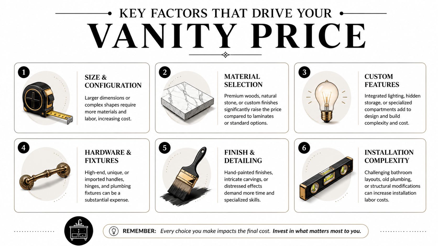 An infographic titled Key Factors That Drive Your Vanity Price, listing six influences on bathroom vanity costs.