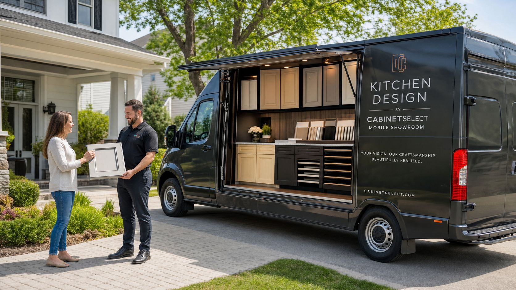 A professional kitchen consultant showing a cabinet door sample to a customer outside a mobile showroom van.