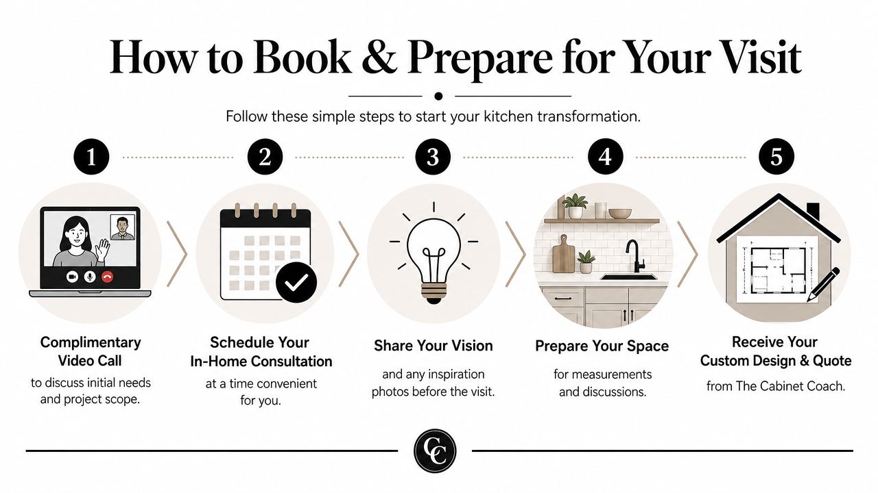 A five step infographic illustrating the process to book and prepare for a kitchen design consultation.