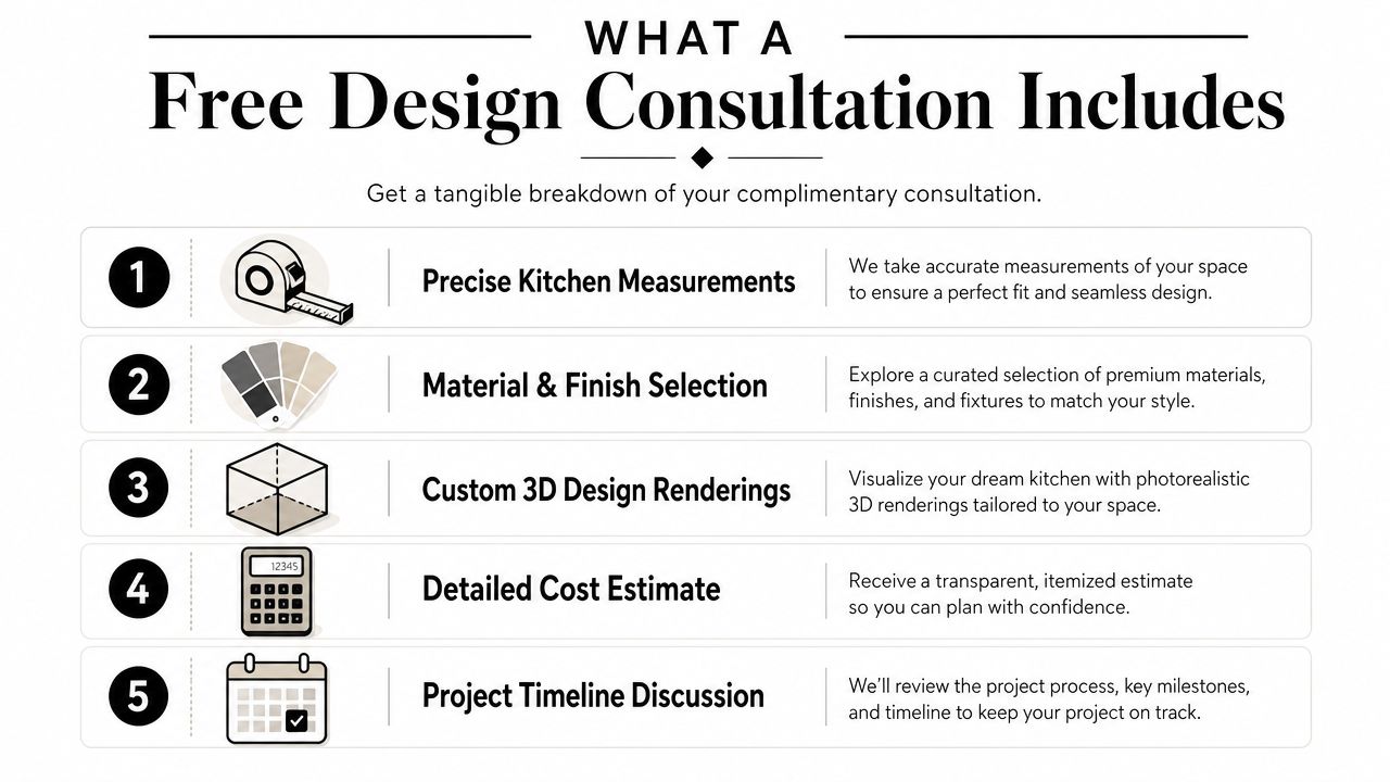 A list showing five steps included in a free professional kitchen design consultation service.