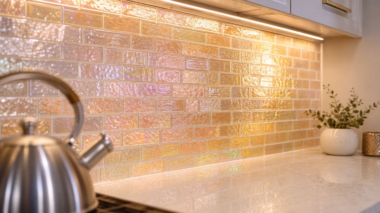 A modern kitchen backsplash featuring glowing iridescent glass subway tiles illuminated by under-cabinet LED strip lighting.