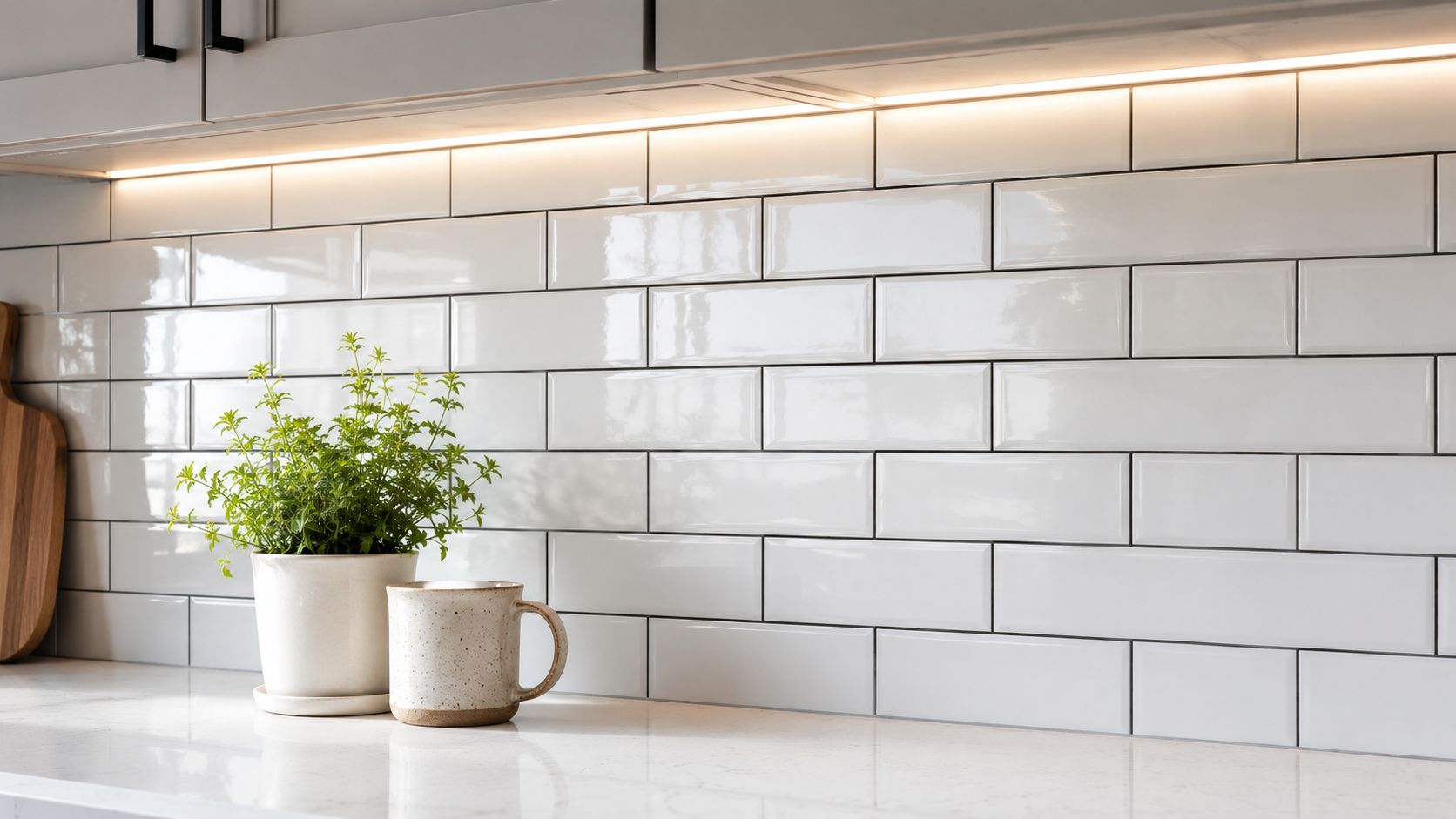 A modern kitchen counter featuring a white glossy subway tile backsplash with a potted herb and mug.
