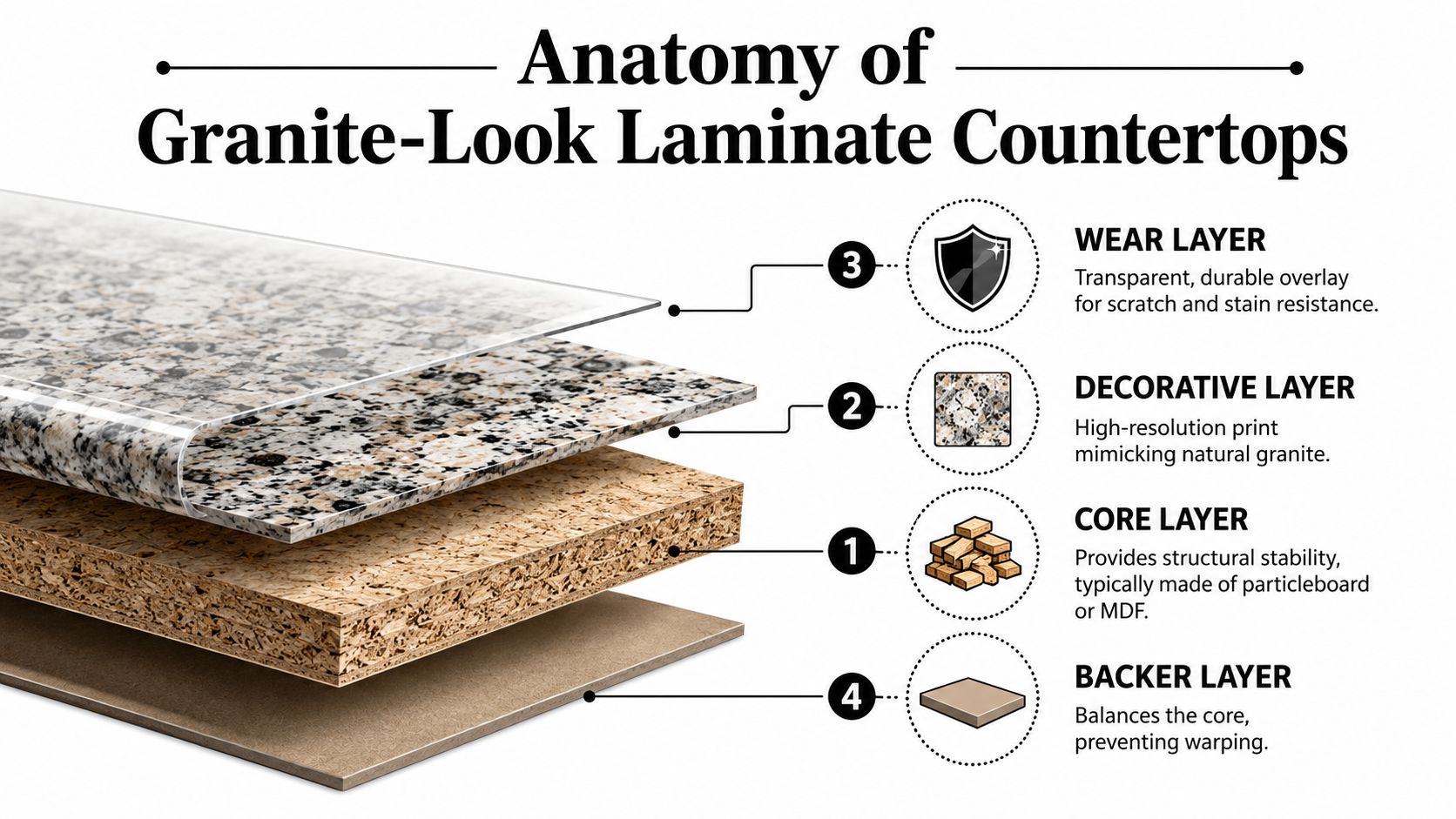 A diagram illustrating the four structural layers of granite-look laminate countertops from top to bottom.