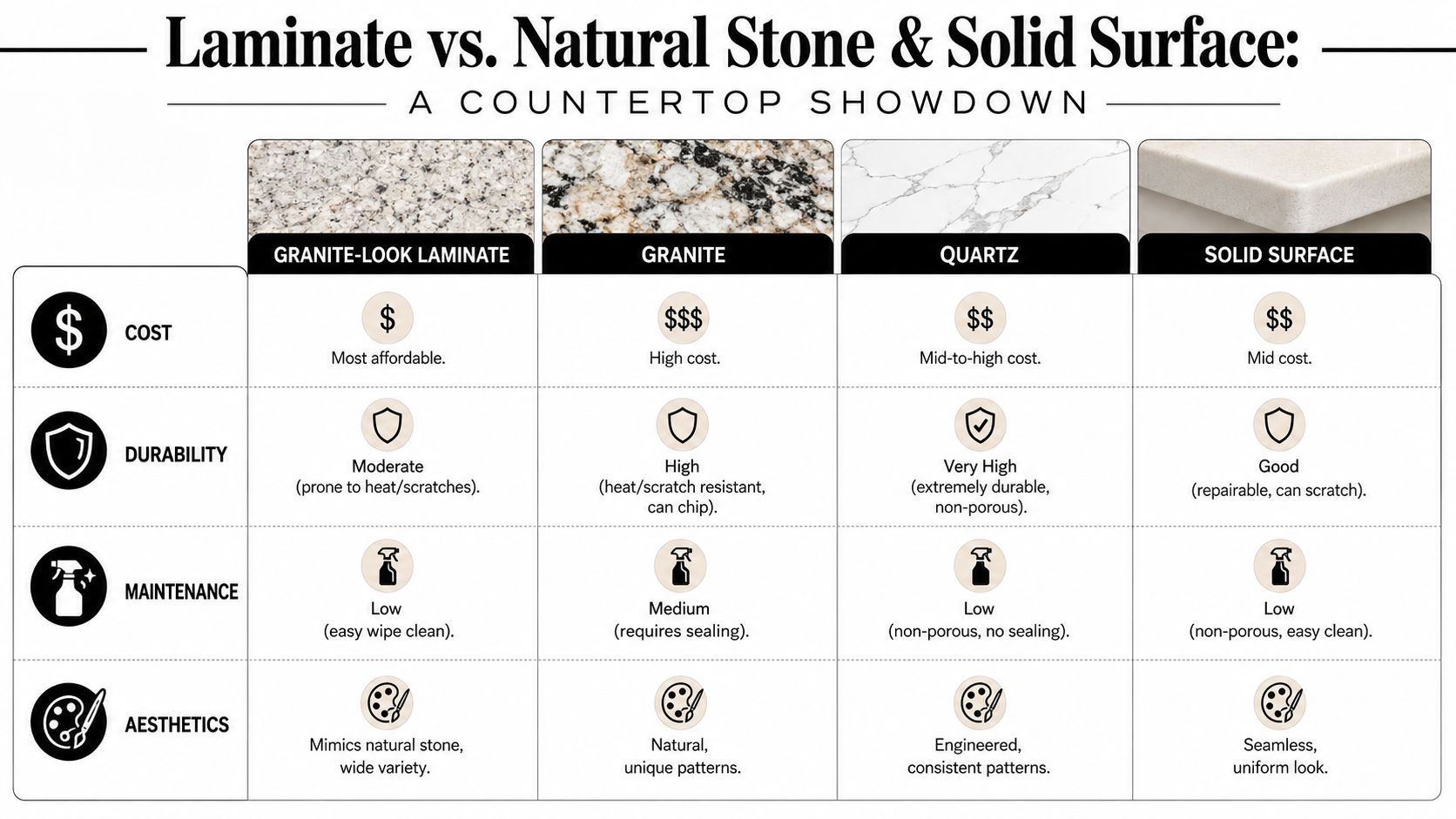 A comparison chart showing features and costs of granite-look laminate, granite, quartz, and solid surface countertops.