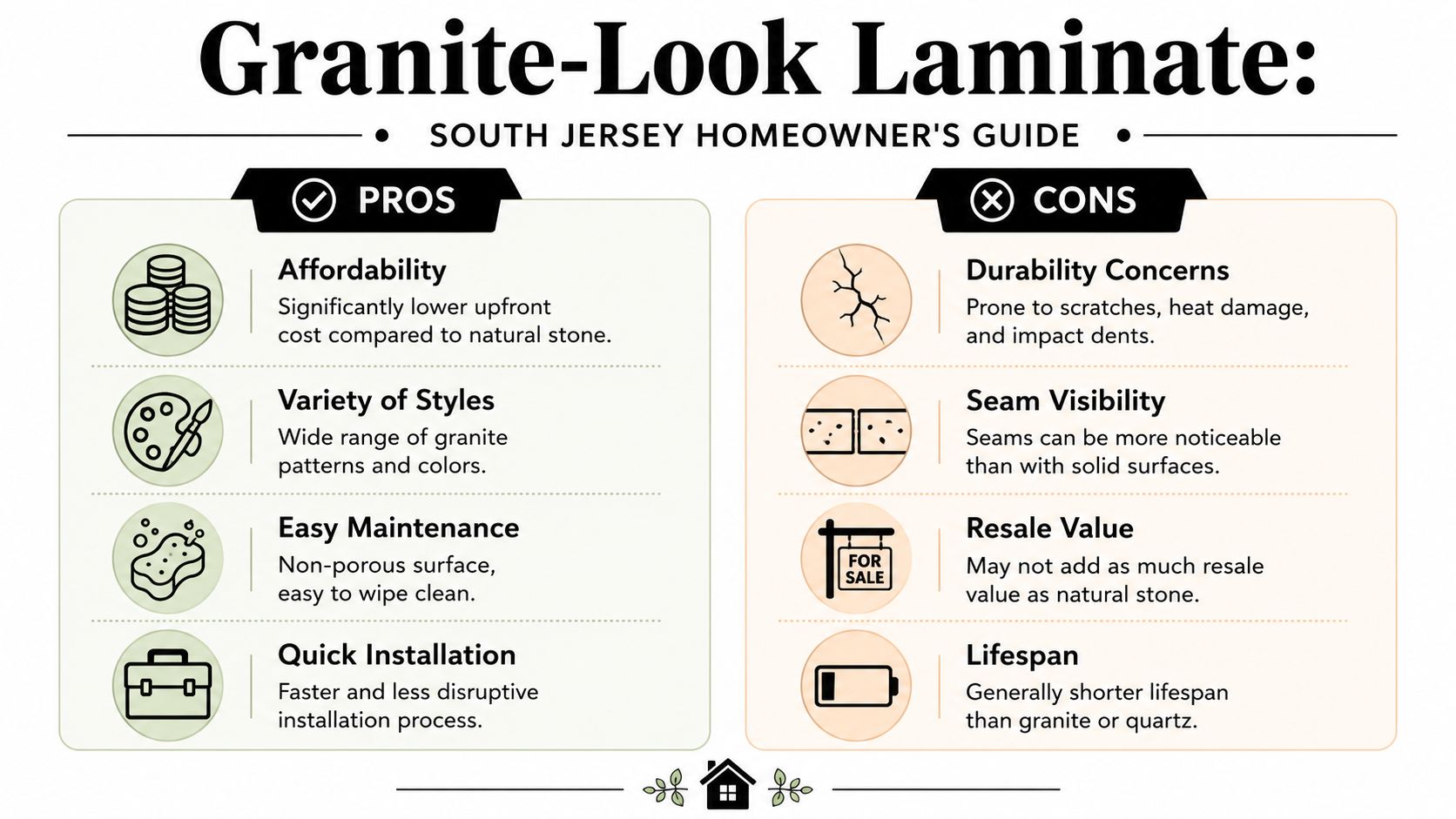 A comparison chart outlining the pros and cons of installing granite-look laminate countertops for homeowners.