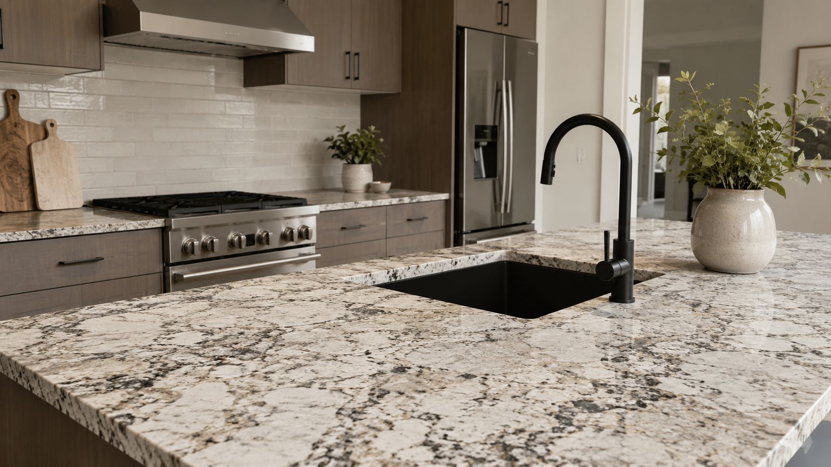 A modern kitchen island with granite-patterned countertops, a black sink, and a sleek matte black faucet.