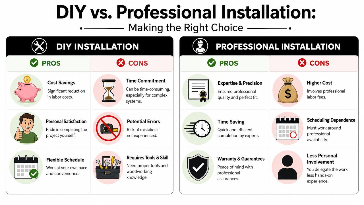 A comparison chart outlining the pros and cons of DIY versus professional installation for home projects.