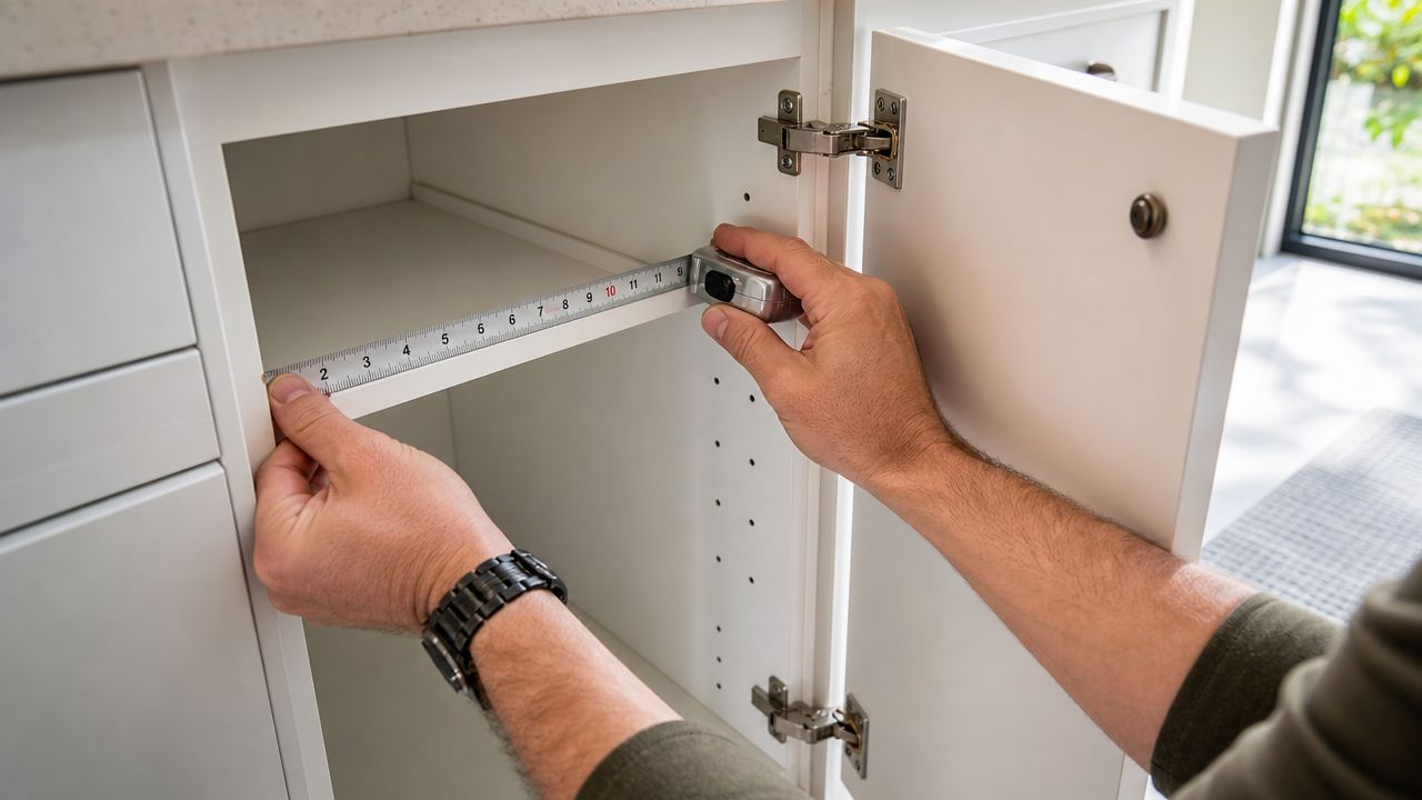 A person using a metal tape measure to check the internal dimensions of a white kitchen cabinet.