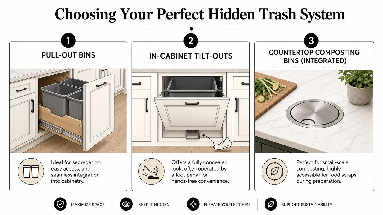 A guide illustrating three types of hidden kitchen trash systems including pull-out bins, tilt-outs, and composting bins.