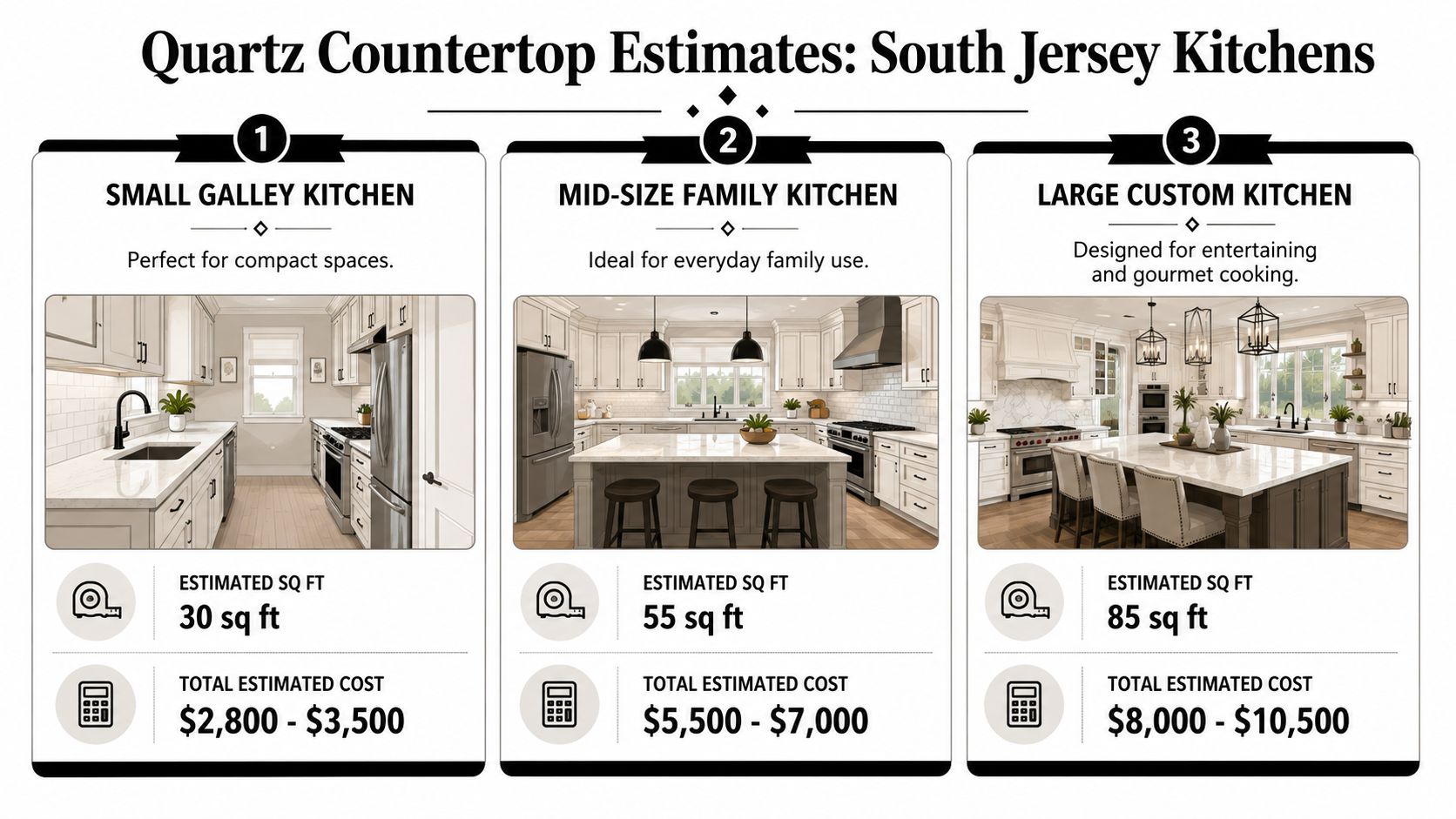 A price guide showing estimated costs for quartz countertops in three different South Jersey kitchen sizes.