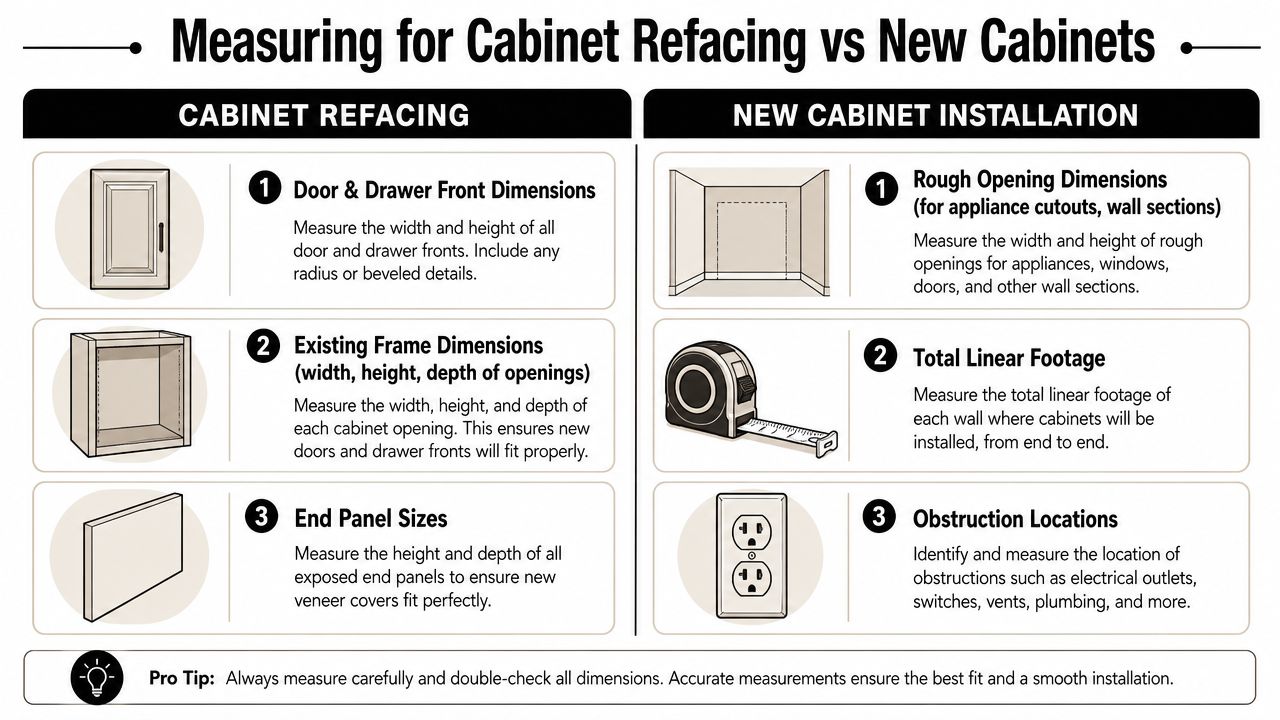 A helpful infographic comparing the essential measurement steps for either cabinet refacing or new cabinet installation projects.
