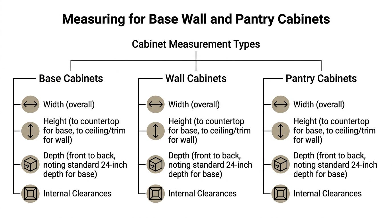 A chart illustrating the key measurements for base, wall, and pantry cabinets in a home kitchen.