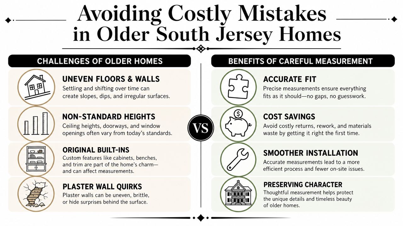 An infographic comparing challenges in older homes to the benefits of taking accurate measurements during renovations.