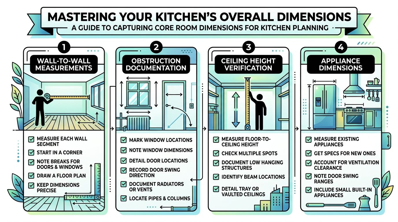 An infographic titled Mastering Your Kitchen's Overall Dimensions detailing four essential steps for measuring kitchen spaces accurately.