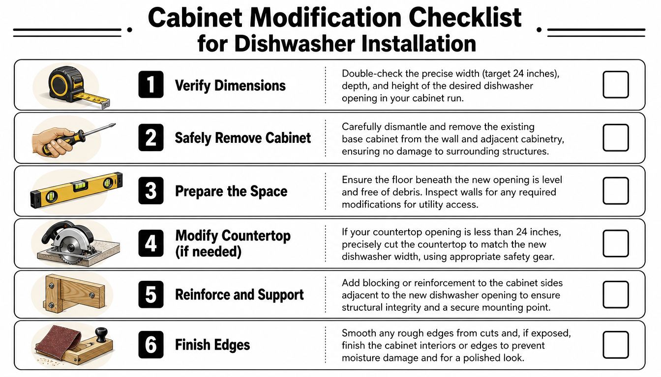 A numbered checklist for modifying a kitchen cabinet to prepare for a new dishwasher installation.