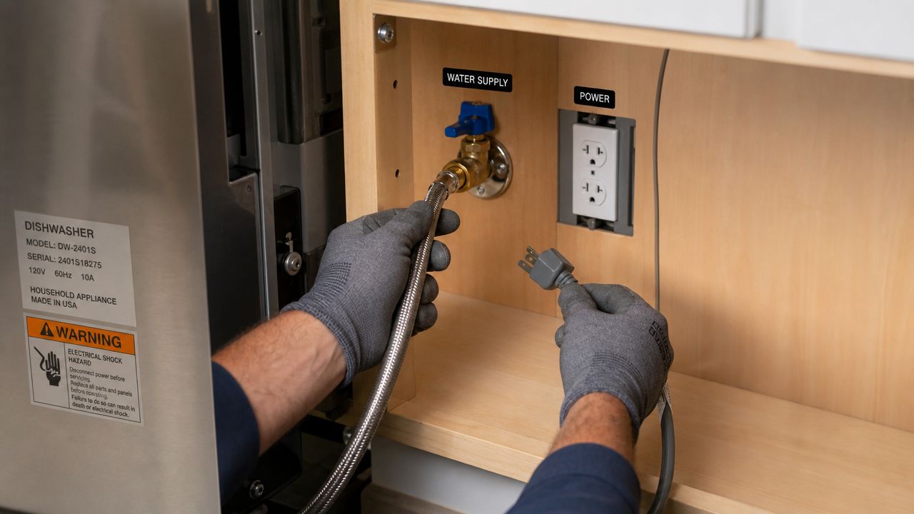 A technician wearing grey gloves connects the water supply hose and power cord to a kitchen dishwasher.
