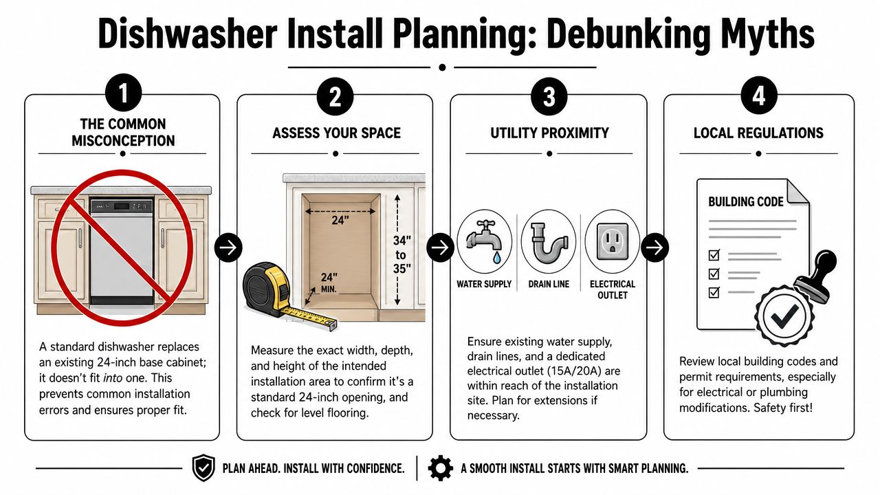 A step-by-step infographic titled Dishwasher Install Planning explaining how to prepare for a new dishwasher installation.