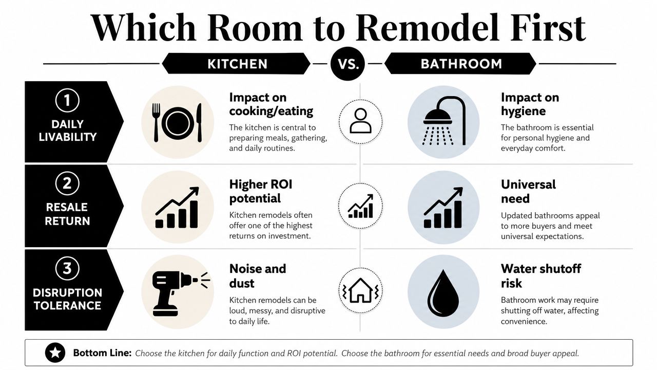 A comparison infographic showing the factors to consider when deciding between remodeling a kitchen or a bathroom first.