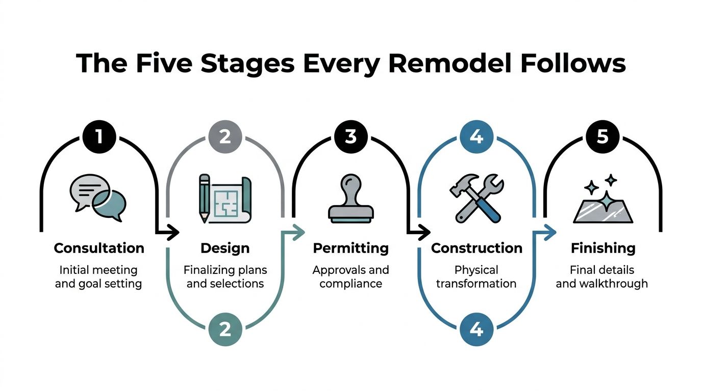 An infographic titled The Five Stages Every Remodel Follows detailing the steps of a renovation process.