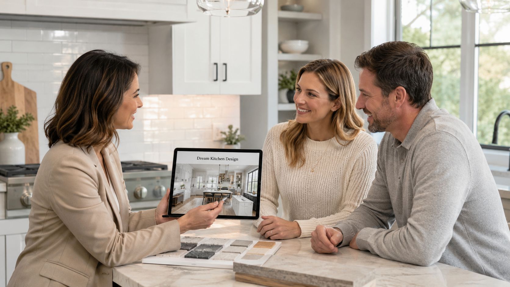 A professional interior designer shows a kitchen remodeling design to a happy couple on a tablet.
