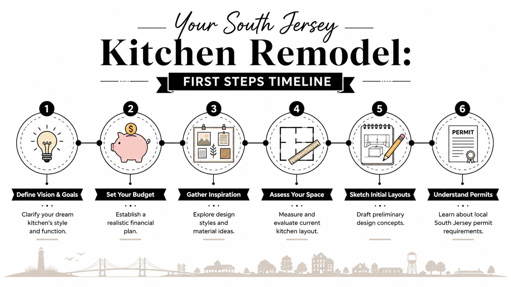 A six-step infographic detailing the initial phases of planning a kitchen remodeling project in South Jersey.