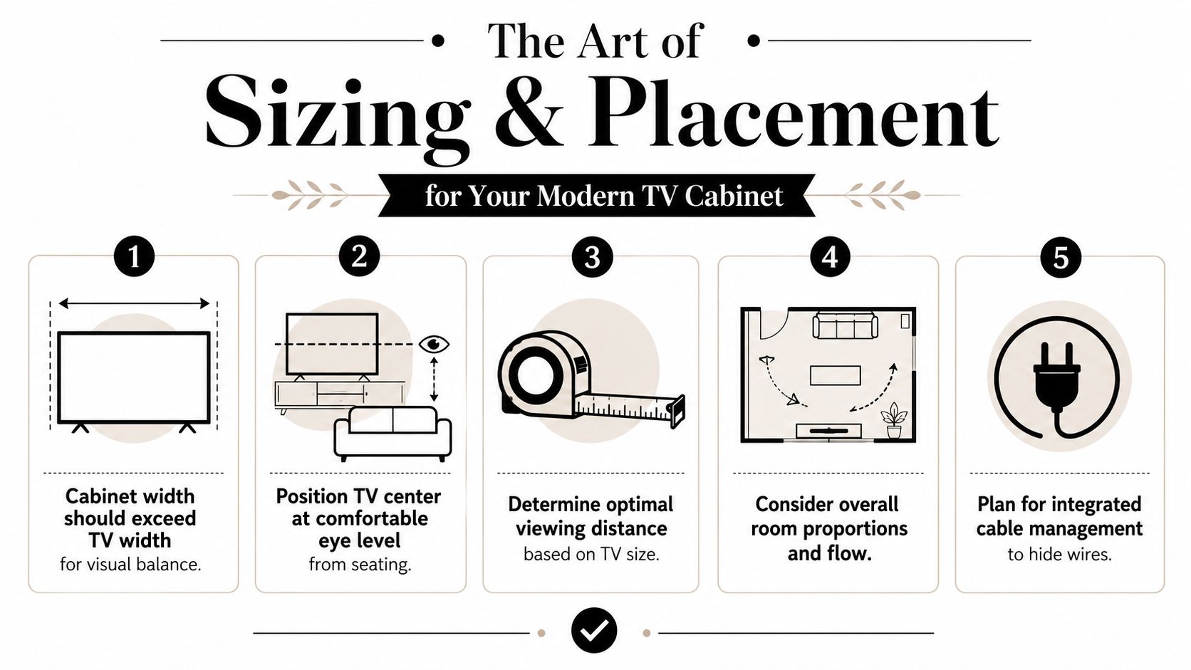 A helpful infographic showing five essential tips for choosing and placing a modern TV cabinet.