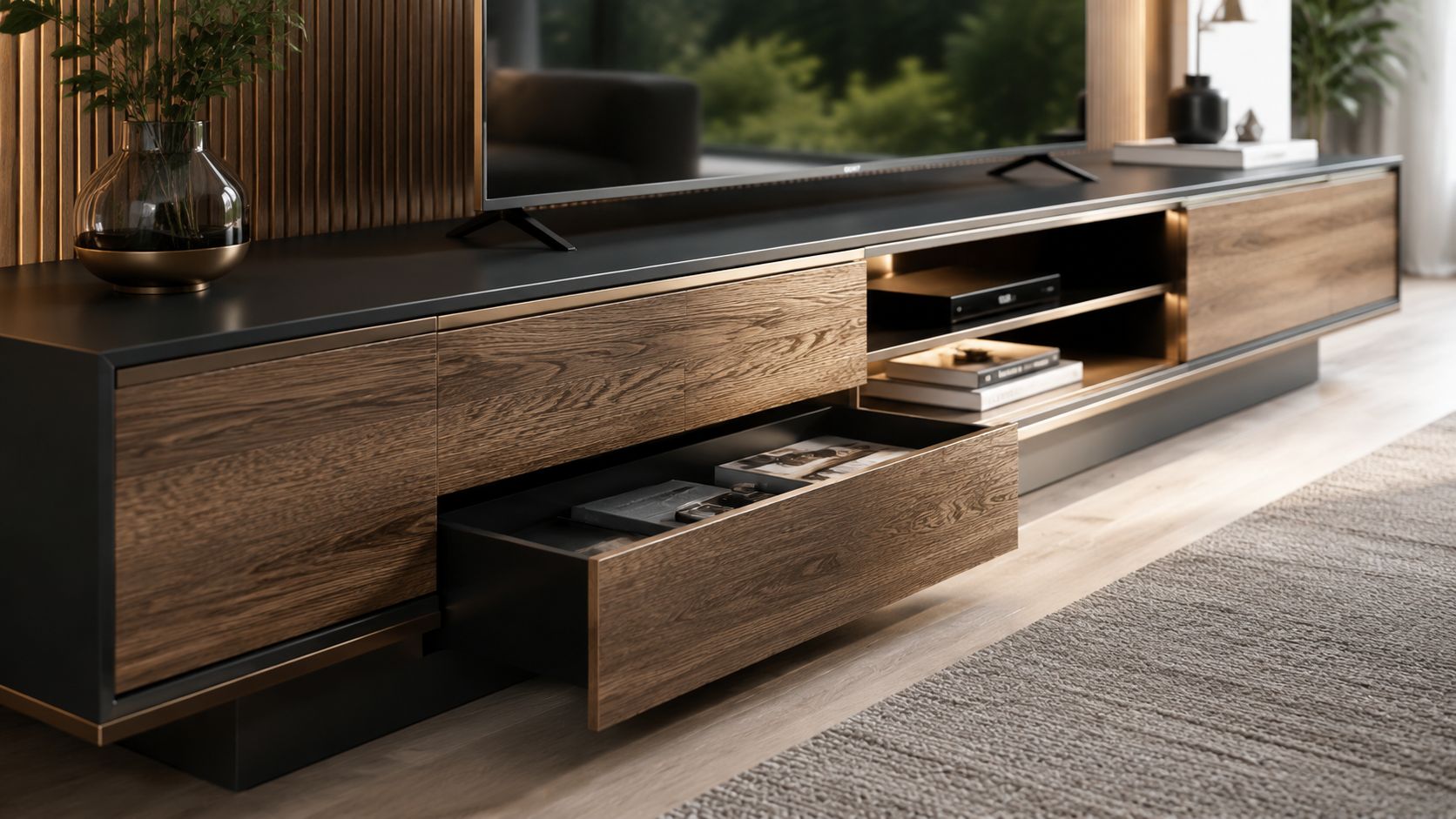 A sleek modern TV cabinet with wooden drawers, a matte black top, and warm ambient lighting.