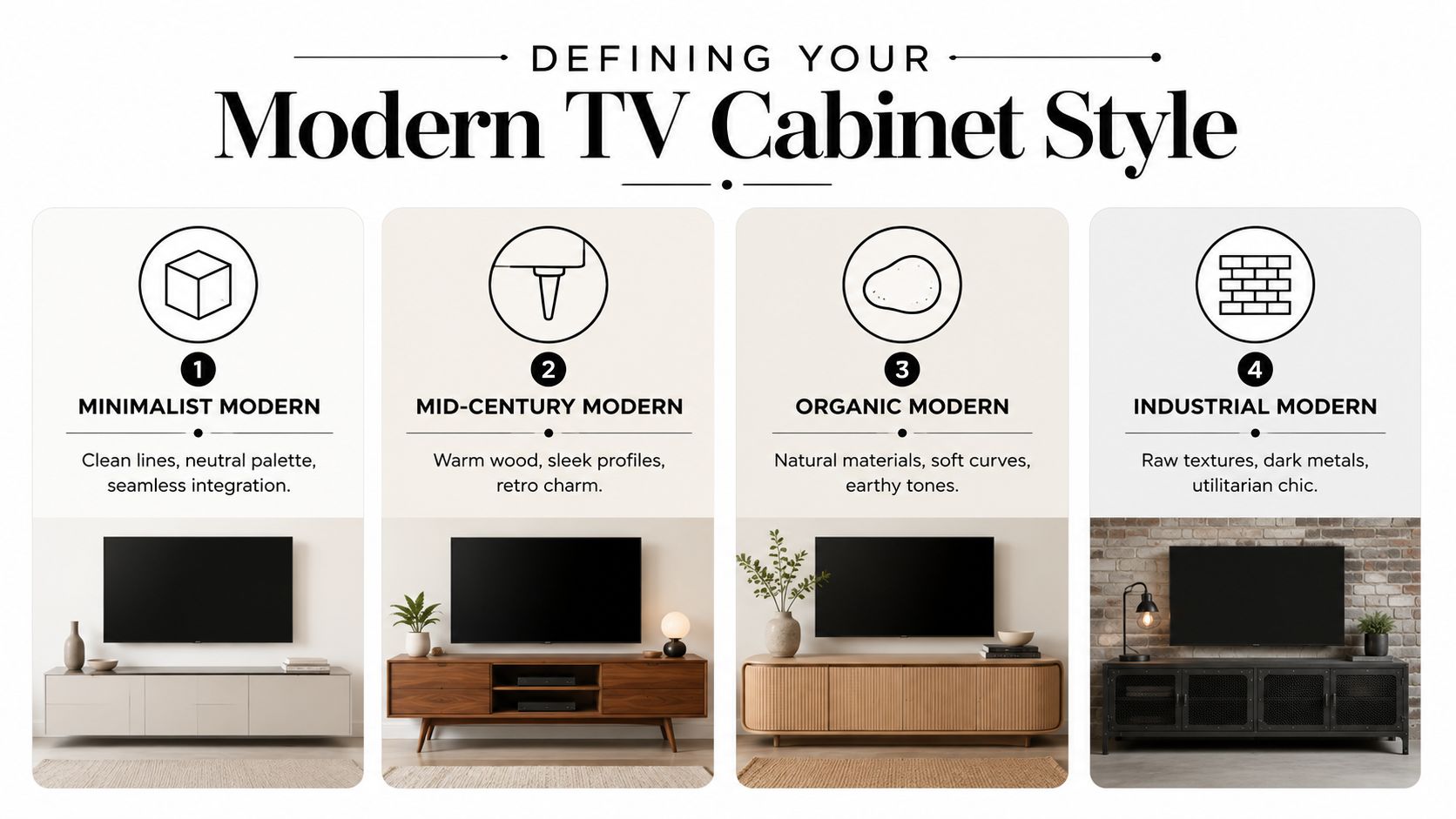An infographic defining four distinct styles of modern TV cabinets, showcasing minimalist, mid-century, organic, and industrial designs.