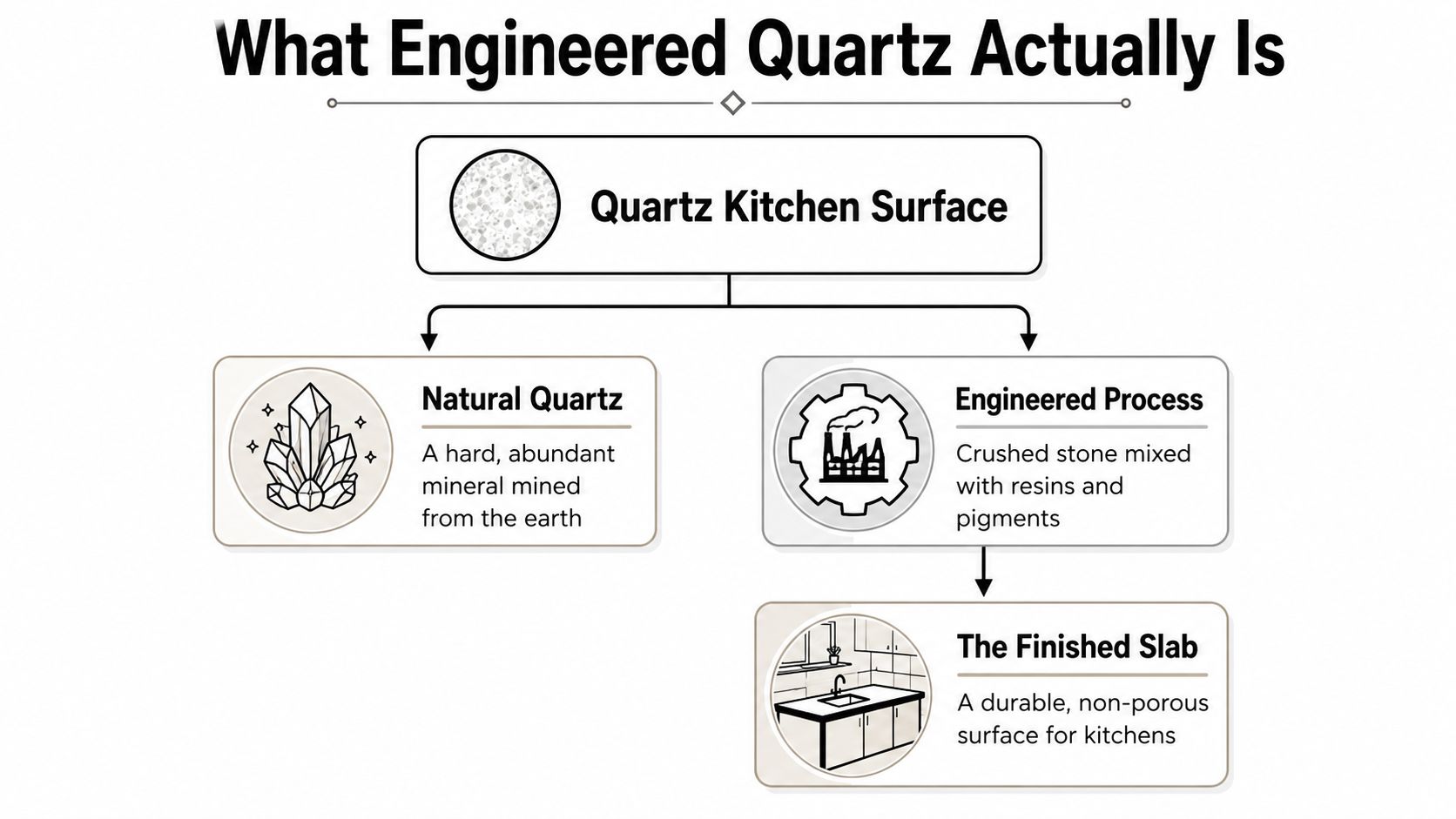 An infographic explaining the components and manufacturing process of engineered quartz surfaces for kitchen countertops.