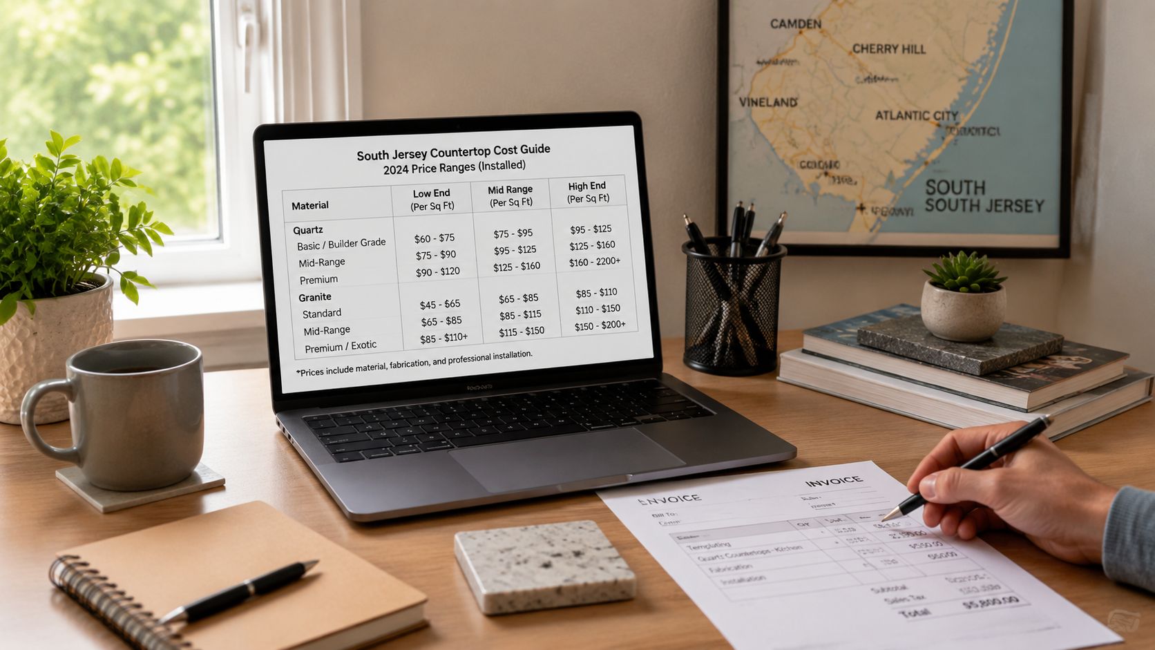 A workspace with a laptop displaying a countertop cost guide and a person filling out an invoice.