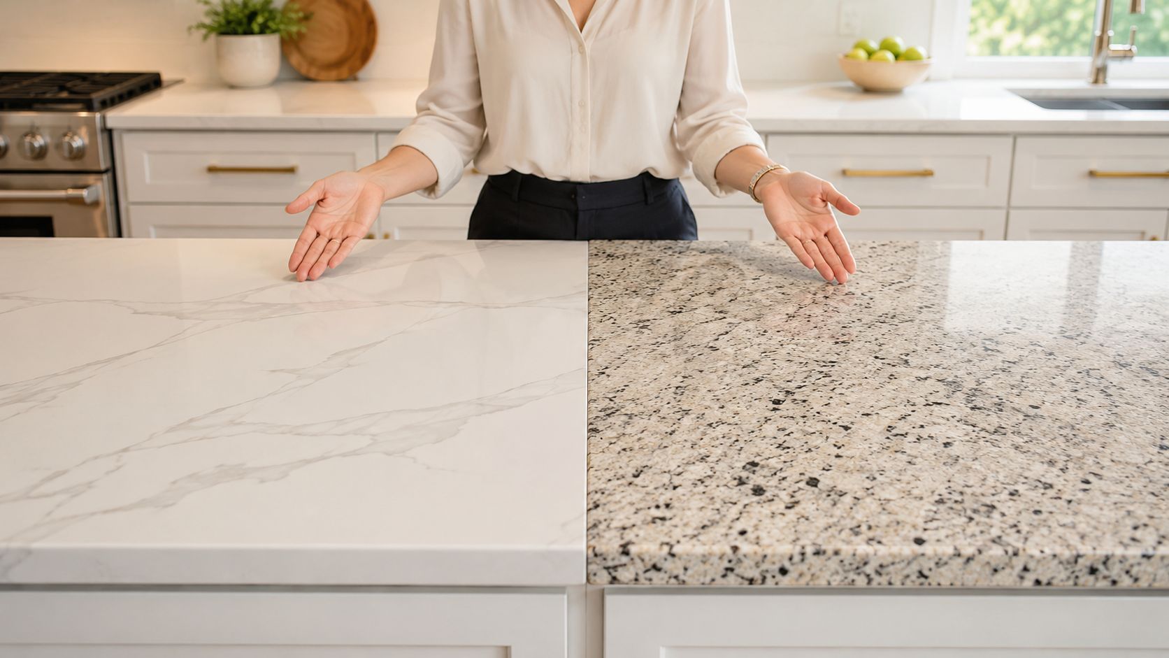A person presenting a kitchen island split between a smooth marble-look quartz and speckled granite countertop surface.