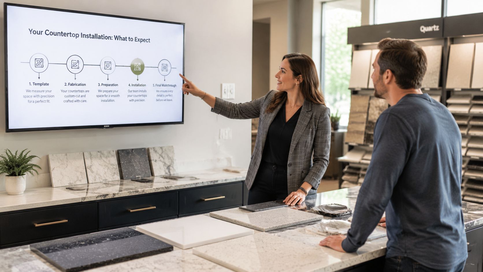 A professional woman explaining the countertop installation process to a customer using a digital presentation screen.