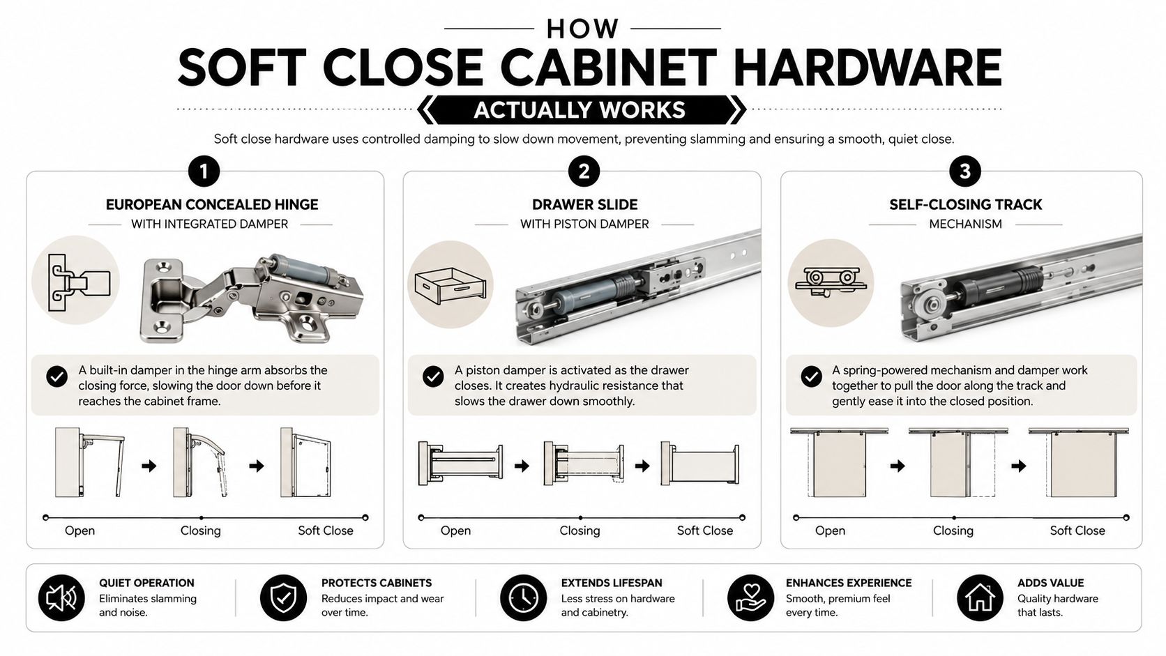 An infographic explaining how soft close cabinet hardware works through hinges, drawer slides, and tracking mechanisms.