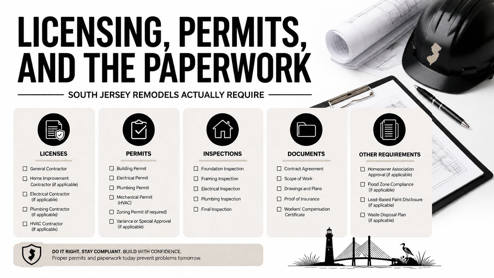 An infographic detailing necessary licenses, permits, inspections, and documentation for renovation projects in South Jersey.