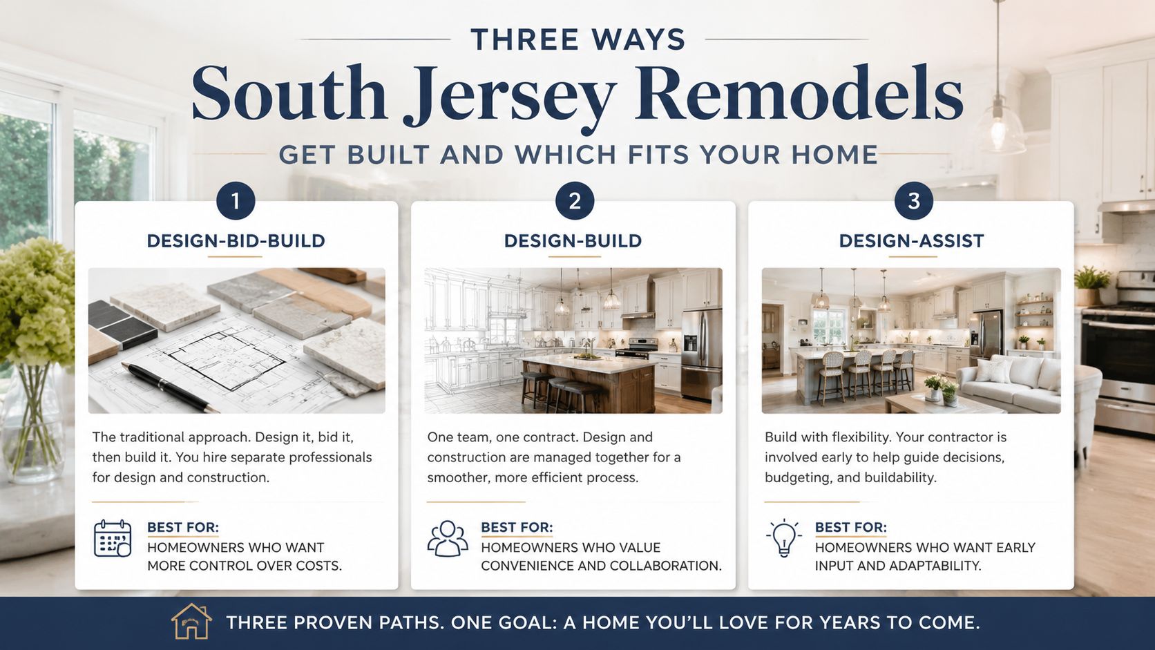 An infographic comparing three common remodeling project approaches: design-bid-build, design-build, and design-assist for homeowners.