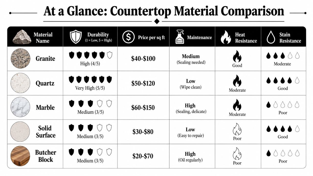 A comparison chart showing durability, price, maintenance, heat and stain resistance for five different kitchen countertop materials.