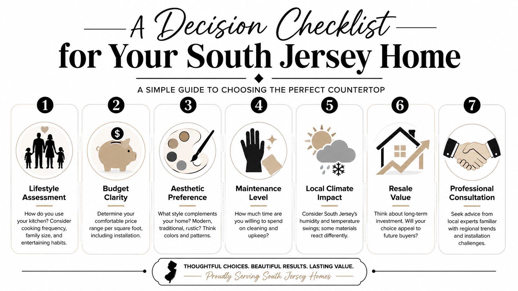 A seven-step decision checklist for selecting kitchen countertops in South Jersey homes, illustrated with icons.