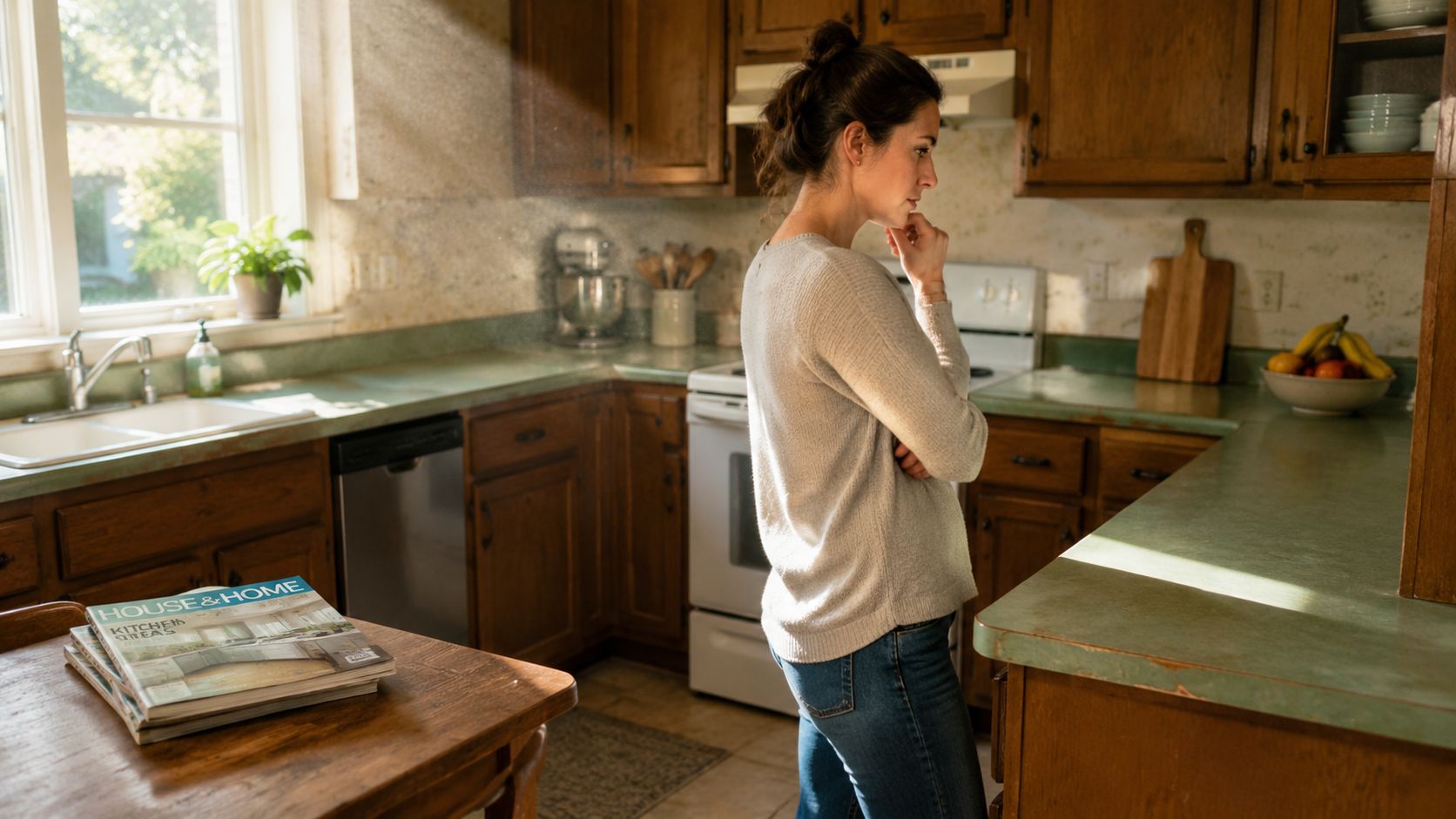 A woman stands in a dated wooden kitchen contemplating home renovation options near a stack of magazines.