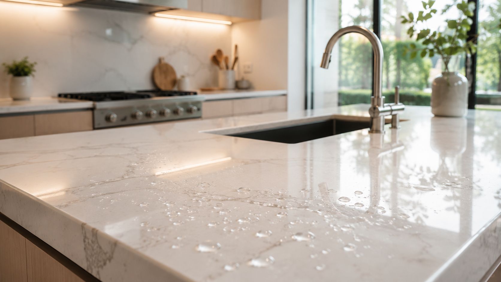 Water droplets beading on a polished white marble countertop in a modern, well-lit luxury kitchen.